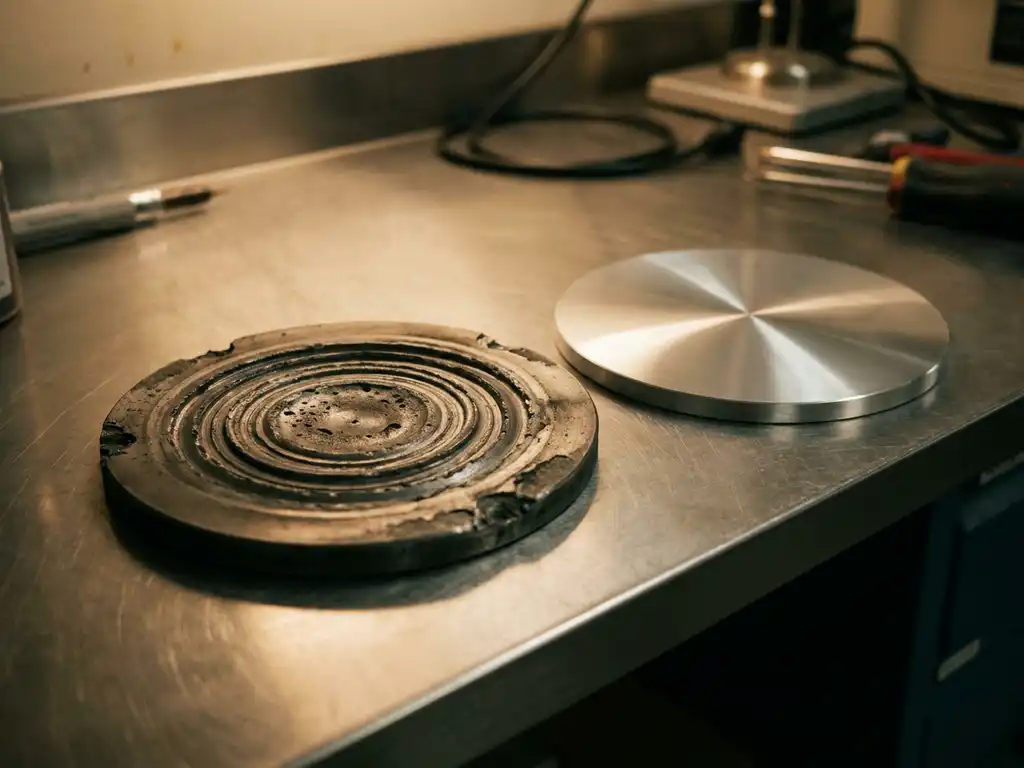 Verbrauchtes Sputtertarget aus Platin mit konzentrischen Erosionskratern neben einem neuen, unbenutzten Targetscheibe auf Edelstahloberfläche.