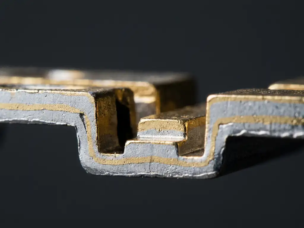 Querschnitt einer konformen Edelmetallbeschichtung auf einer mikroskopierten Stufenoberfläche mit silbrig-goldenen Metallschichten vor dunklem Hintergrund.