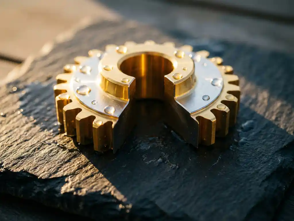 Präzisionsgefertigtes Metallteil mit goldfarbener Edelmetallbeschichtung auf Schieferoberfläche, Wassertropfen perlen von der spiegelnden Schutzschicht ab.