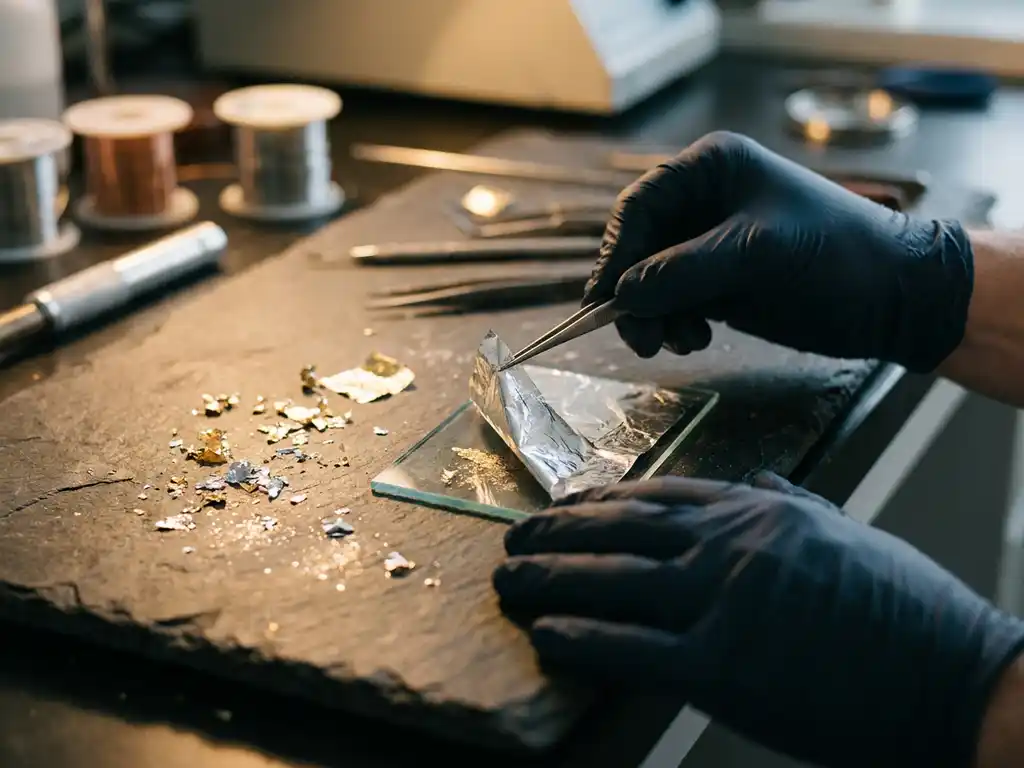 Behandschuhte Hände lösen dünne Metallfolie von Glassubstrat, goldene Edelmetallflocken glänzen auf dunkler Laboroberfläche.