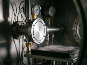 Poliertes Silber-Platin-Sputtertarget in einer Vakuumkammer mit metallischer Beschichtung auf dunklem Substrat.