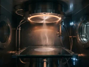 Kreisförmiges Edelmetall-Sputtertarget in einer Vakuumkammer, polierte Platin-Silber-Oberfläche mit Metallpartikelabscheidung auf Substrat.