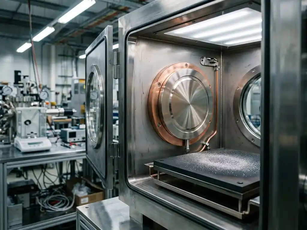 Kreisförmiges Edelmetall-Sputtertarget aus Platin in geöffneter Vakuumkammer mit beschichtetem Substrat darunter.