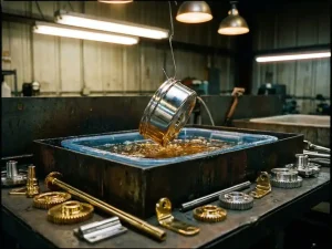 Metallbauteil im Galvanikbad zwischen gold- und silberglänzenden Fertigteilen auf dunkler Stahloberfläche, weiches Industrielicht.