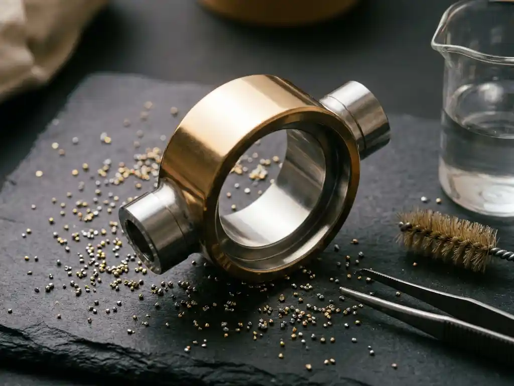 Poliertes Metallteil mit leitfähiger Galvanikschicht auf Schieferoberfläche, umgeben von Platin- und Goldgranulat sowie Galvanisierungswerkzeug.