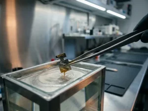 Kleiner Präzisionssensor wird mit Laborzange in galvanisches Bad getaucht, dünne Metallschicht bildet sich auf der Oberfläche.