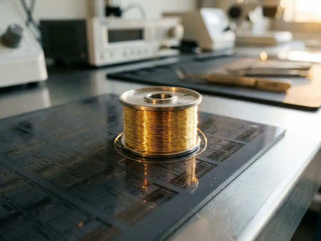 Goldener Bonddraht-Spule auf Halbleitersubstrat unter Makro-Aufnahme mit warmem Licht und geringer Tiefenschärfe.
