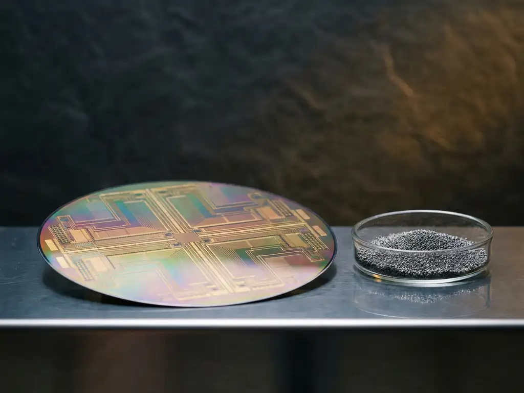 Halbleiter-Wafer mit schillernder Siliziumoberfläche neben Platin-Palladium-Granulat auf poliertem Stahl, Makroaufnahme.