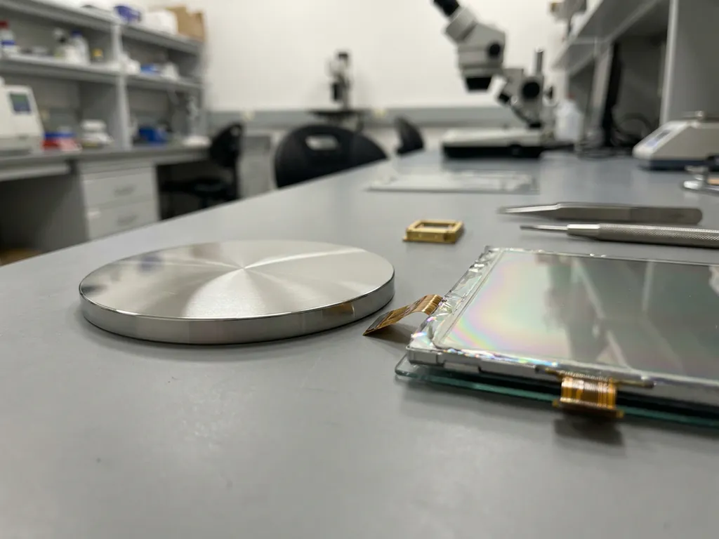 Poliertes Sputtertarget aus Metall neben einem zerlegten Display-Panel mit schillernder Dünnschichtbeschichtung auf Labortisch.