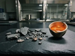 Industrielle Beschichtungsreste und metallische Fragmente auf dunklem Schiefer neben einem Tiegel mit geschmolzenem Gold im Labor.