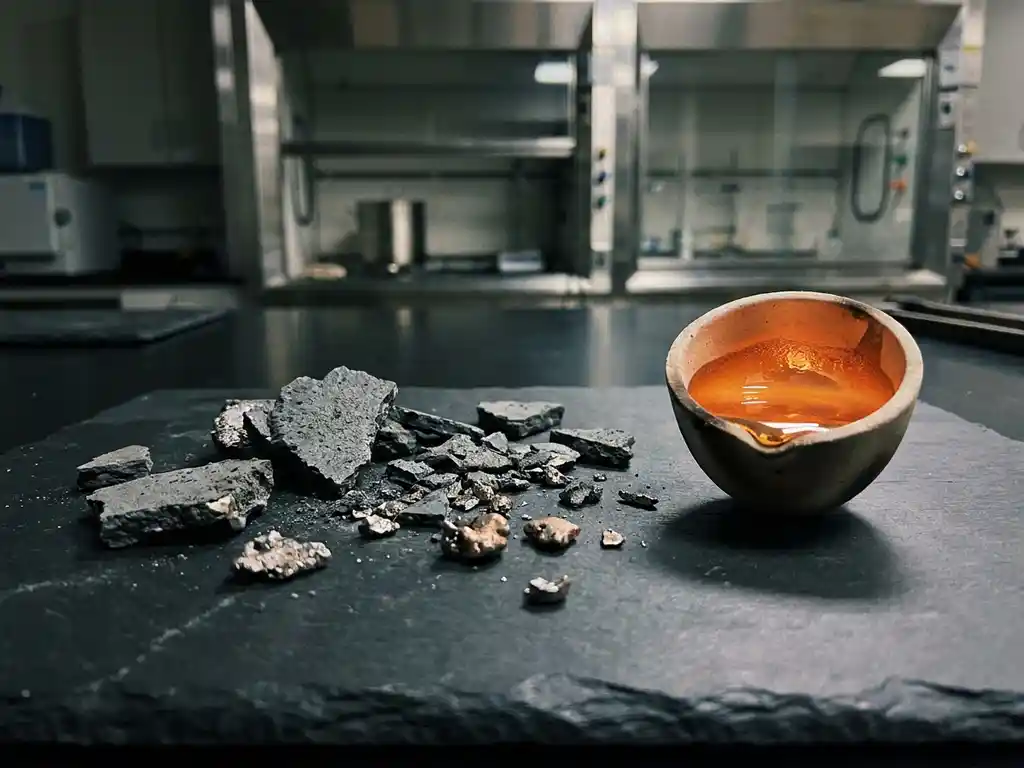 Industrielle Beschichtungsreste und metallische Fragmente auf dunklem Schiefer neben einem Tiegel mit geschmolzenem Gold im Labor.