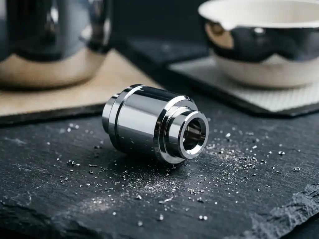 Iridium-beschichtetes Industriebauteil auf dunkler Schieferplatte, metallische Späne verstreut, polierter Tiegel im Hintergrund.