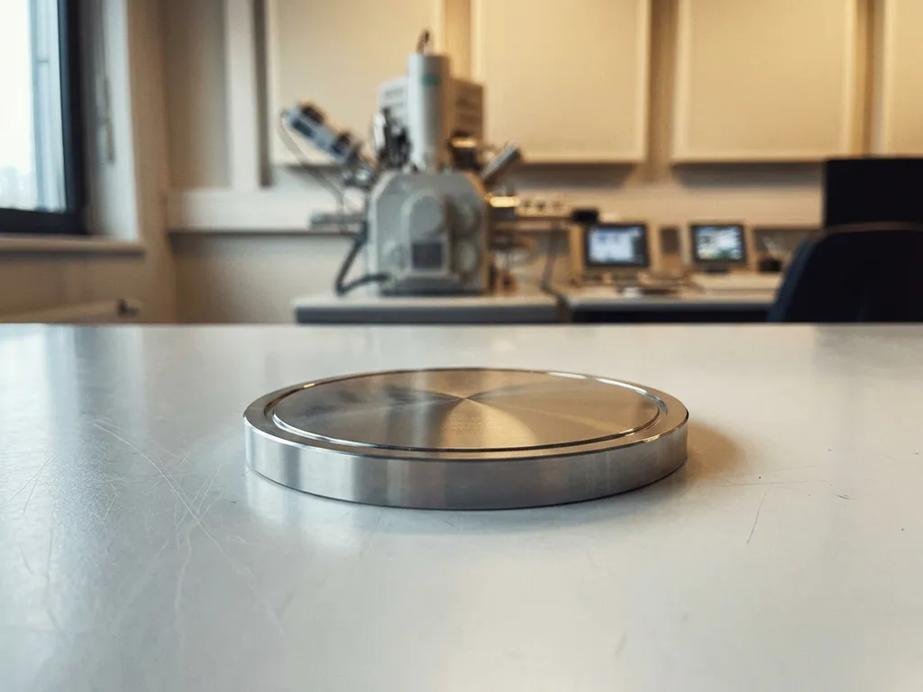 Kreisförmiges Sputtertarget aus Edelmetall auf Laborarbeitstisch, Spektrometer im unscharfen Hintergrund, natürliches Seitenlicht.