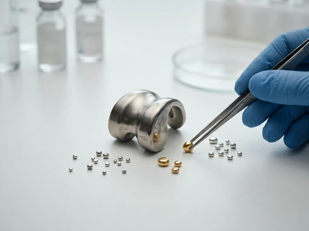 Titanfarbenes Medizinimplantat auf weißer Laborfläche, umgeben von Gold-, Platin- und Palladiumgranulat, Handschuh positioniert Bauteil präzise.