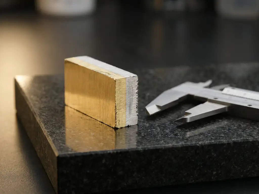Metallquerschnitt mit Gold- und Platinschicht auf poliertem Granit, Messschieber daneben, Studiobeleuchtung von links.