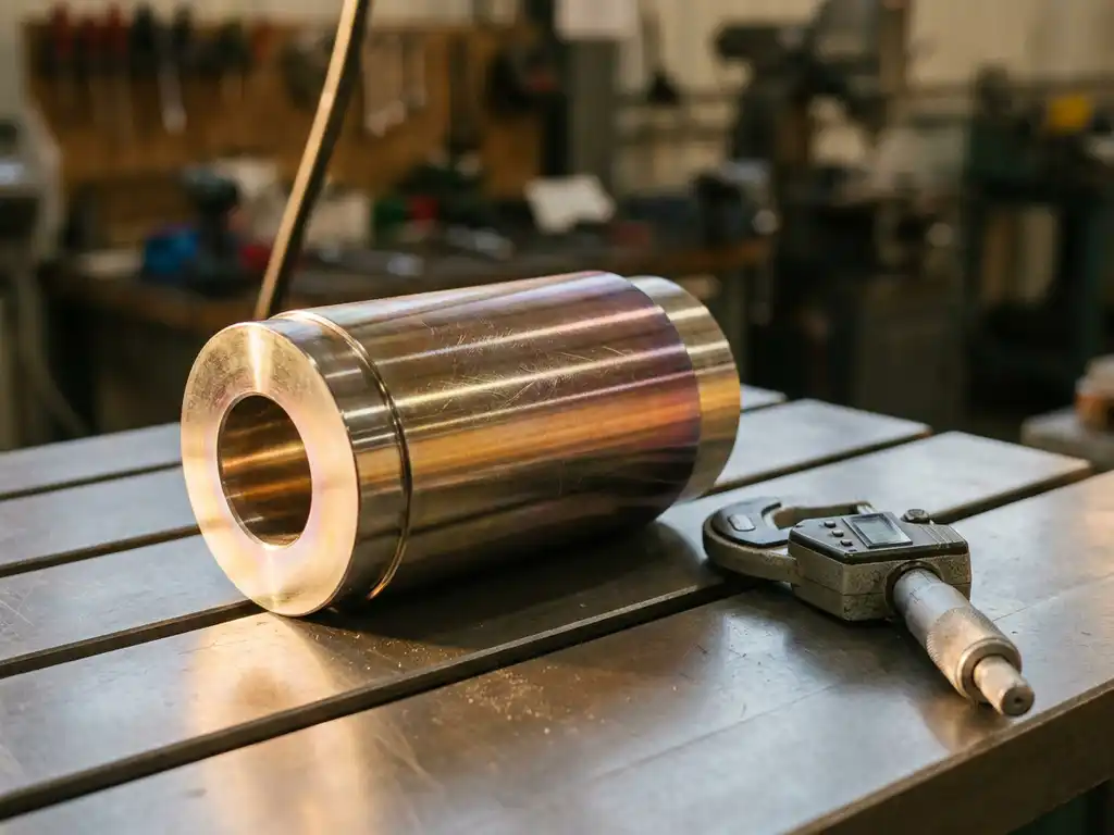 Poliertes Metallbauteil mit irisierender Gold-Platin-Beschichtung neben einem Mikrometer-Messschieber auf Stahloberfläche.