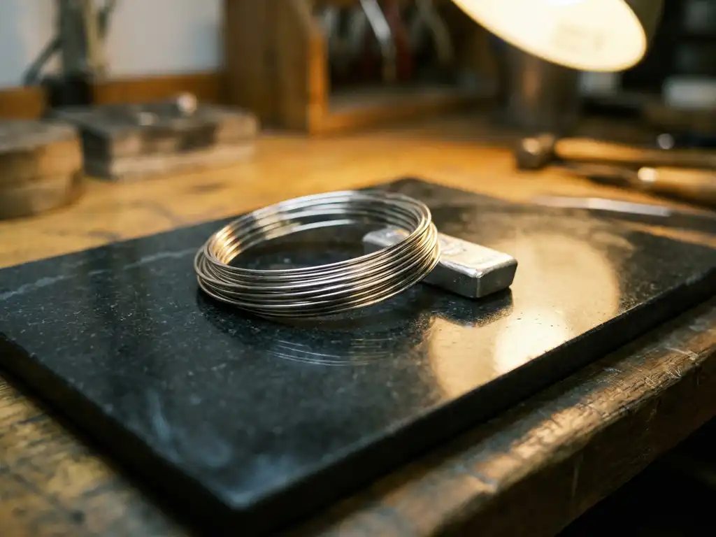 Aufgerollter Platindraht und Silberbarren auf dunklem Schiefer, warmes Werkstattlicht beleuchtet die metallische Oberfläche.