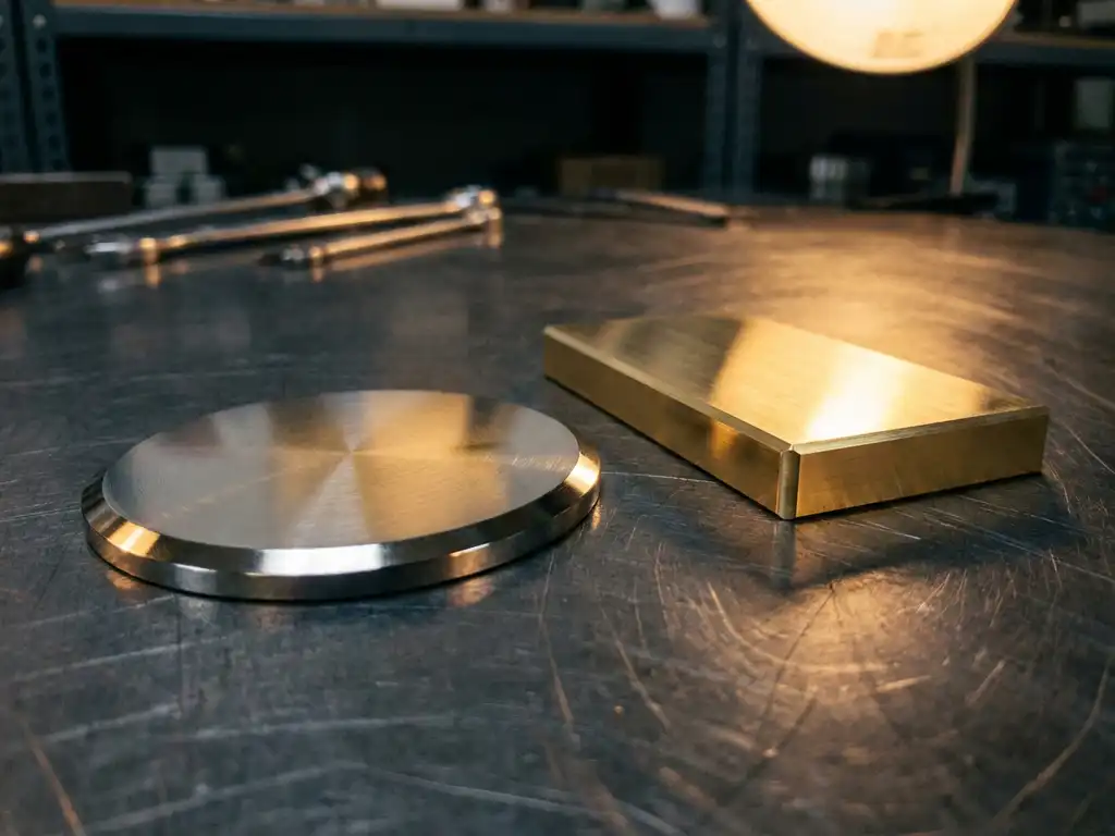 Rundes Platin-Sputtertarget und rechteckiges Gold-Sputtertarget auf dunkler Stahloberfläche mit spiegelnden Metalloberflächen.