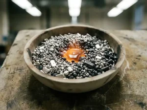 Rohes Platin in Granulatform und kleine Barren in einem Keramiktiegel mit glühendem Schmelzkern im Labor.