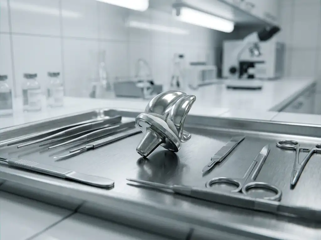 Platinbeschichtetes chirurgisches Implantat auf sterilem Edelstahltablett mit medizinischen Präzisionsinstrumenten in klinischem Licht.