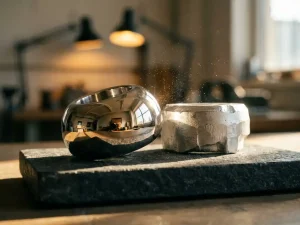 Platinbeschichtetes Metallteil mit PVD-Finish neben unbeschichtetem Rohmetall auf dunklem Stein, goldene Lichtreflexe.