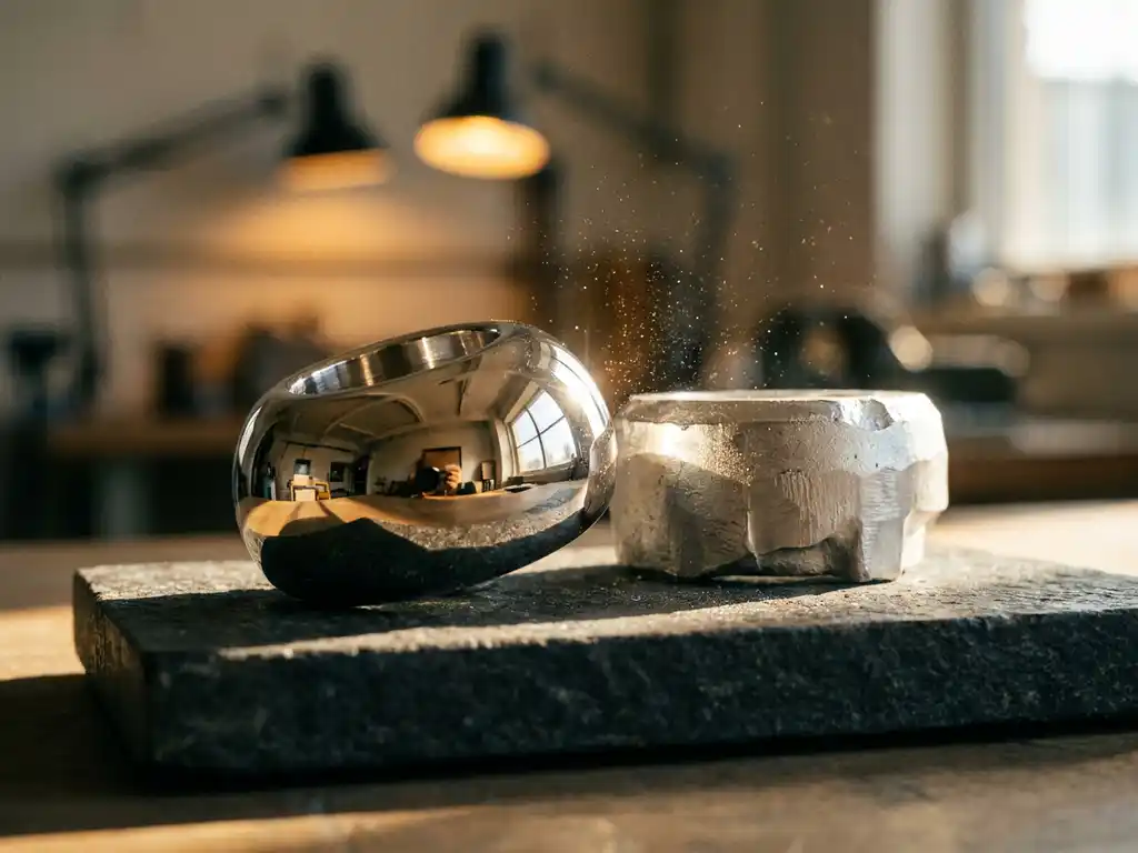 Platinbeschichtetes Metallteil mit PVD-Finish neben unbeschichtetem Rohmetall auf dunklem Stein, goldene Lichtreflexe.