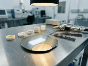 Platinbeschichteter Siliziumwafer auf Stahloberfläche, umgeben von Metallabscheidungswerkzeugen und Edelmetallpulver in Tiegeln.