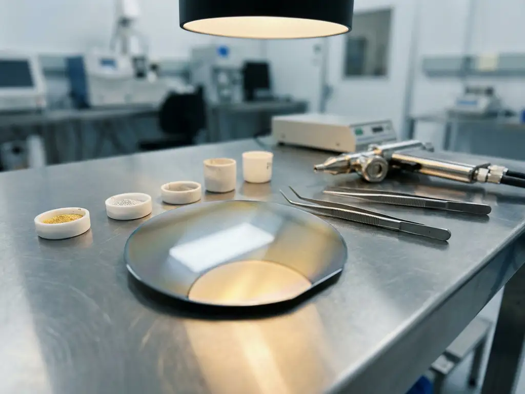 Platinbeschichteter Siliziumwafer auf Stahloberfläche, umgeben von Metallabscheidungswerkzeugen und Edelmetallpulver in Tiegeln.