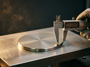 Platinsputtertarget aus poliertem Metall wird mit Messschieber präzise vermessen, feiner Metallstaub im warmen Werkstattlicht.