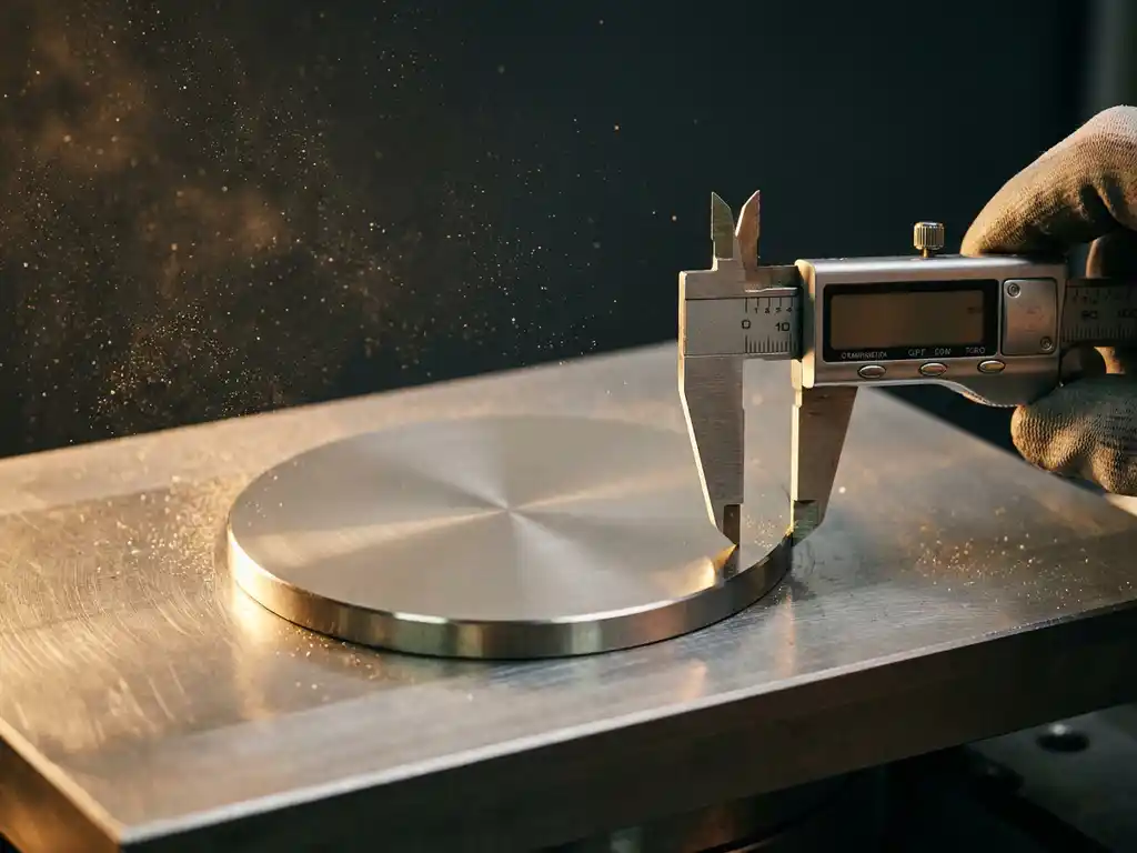 Platinsputtertarget aus poliertem Metall wird mit Messschieber präzise vermessen, feiner Metallstaub im warmen Werkstattlicht.