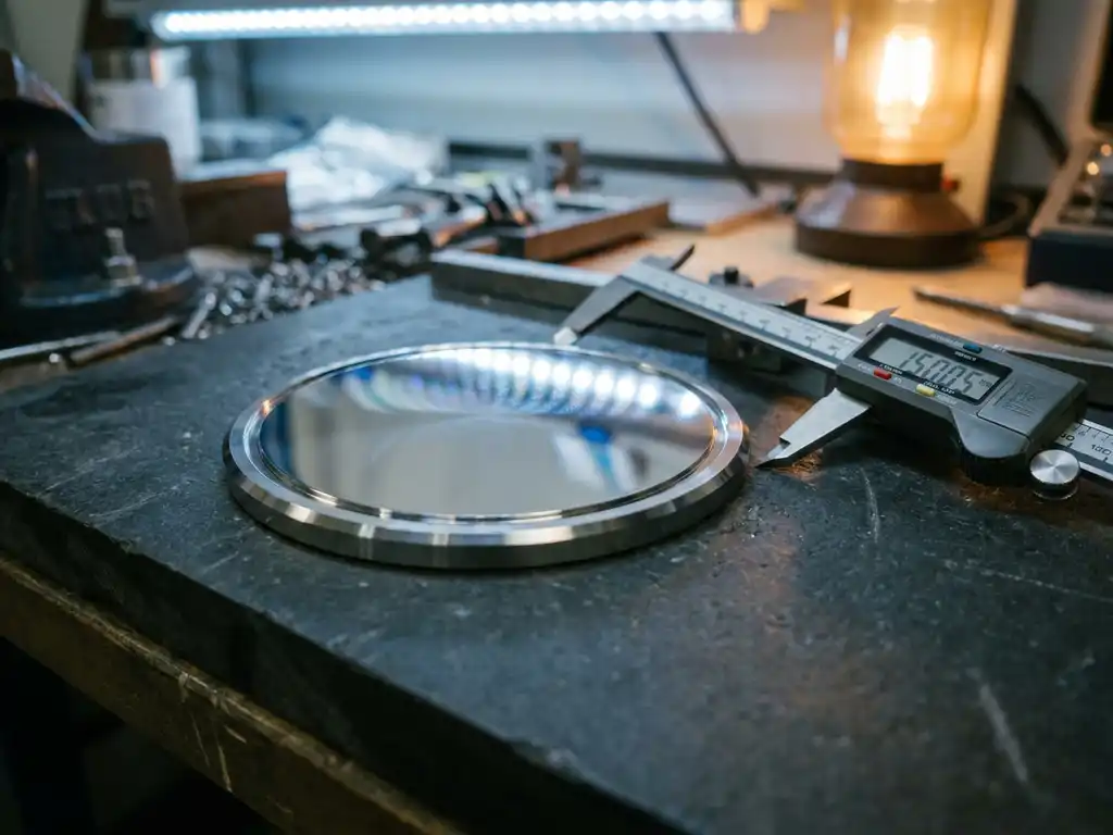 Poliertes, kreisförmiges Platin-Sputtertarget auf dunklem Schiefer neben digitaler Messschieber, spiegelnde Metalloberfläche im Werkstattlicht.