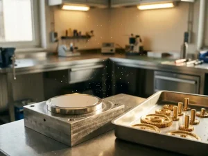 Platin-Sputtertarget-Scheibe auf bearbeiteter Metalloberfläche, daneben PVD-beschichtete Komponenten in warmem Umgebungslicht.