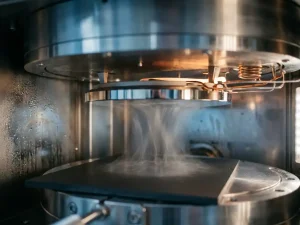 Poliertes Platin-Sputtertarget in einer Vakuumkammer, spiegelnde Oberfläche reflektiert Heizstrahler, metallischer Dampf kondensiert auf dunklem Substrat.