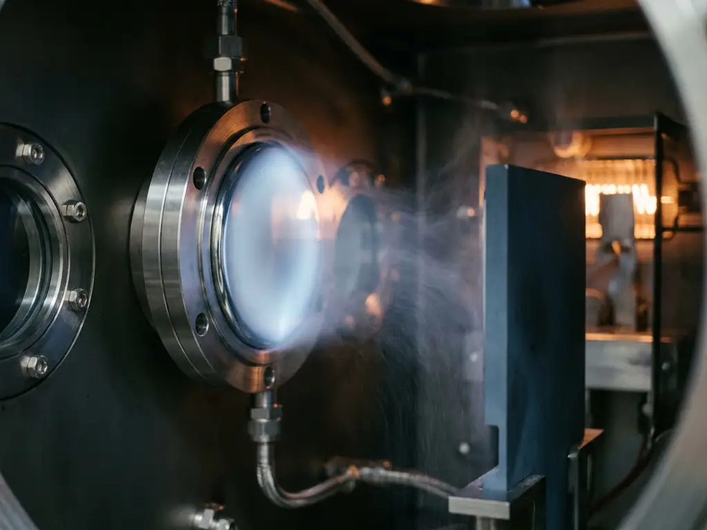 Platin-Sputtertarget in einer Vakuumkammer mit kondensierenden Dampfpartikeln auf dunklem Substrat, bläulich-weißes Industrielicht.