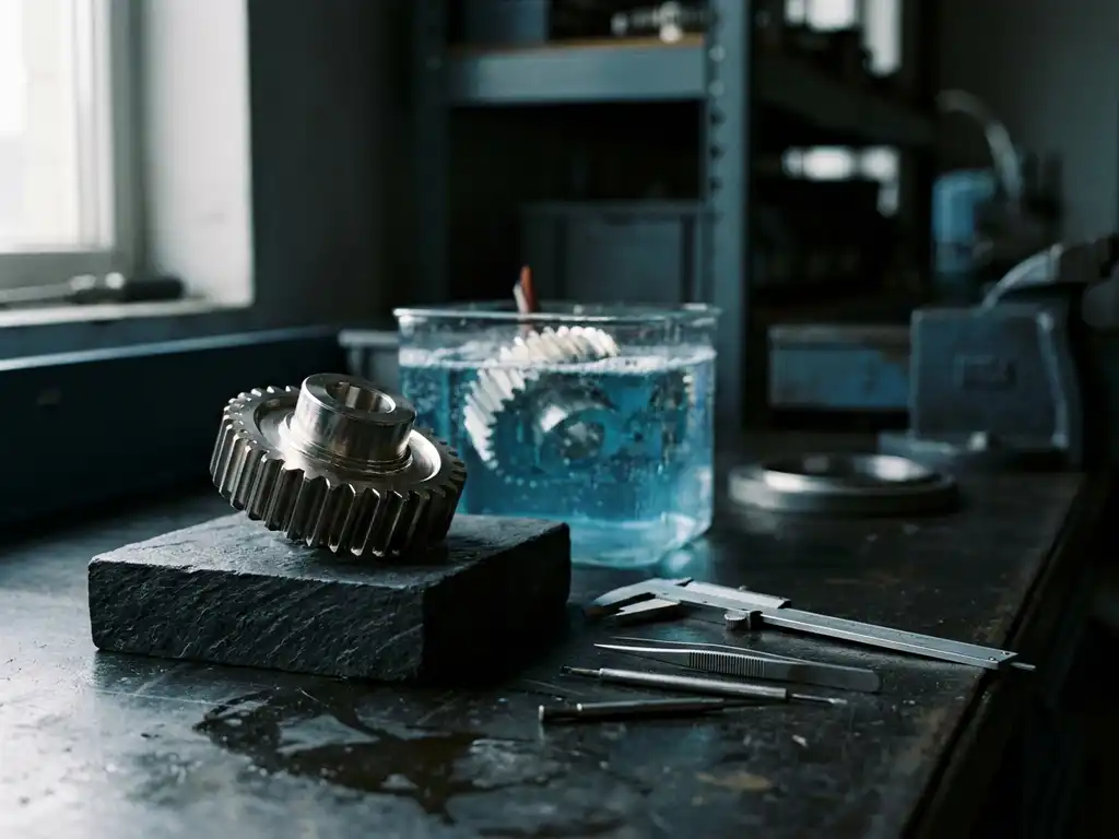 Platinbeschichtetes Industriebauteil auf Schieferfläche neben Galvanikbad mit Präzisionswerkzeug, metallischer Glanz im Studiolight.