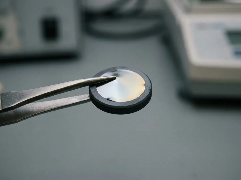 Irisierender Platinfilm wird mit Metallpinzette auf poliertes dunkles Keramiksubstrat aufgetragen, Makroaufnahme mit Silber- und Goldreflexen.