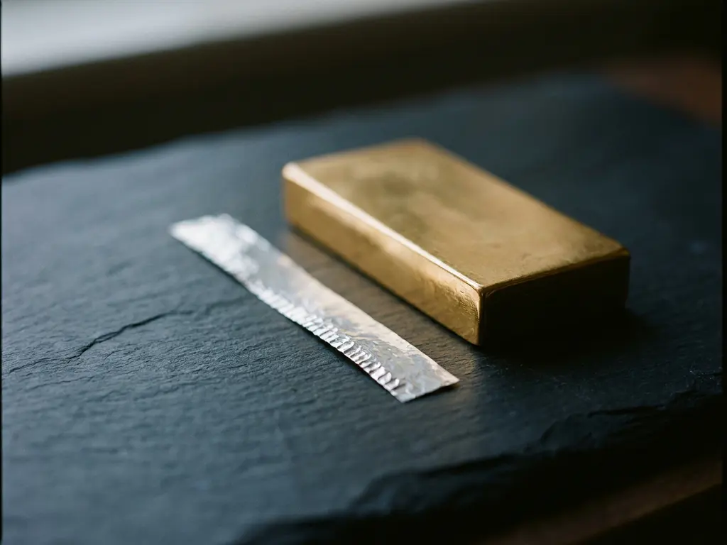 Hauchdünner Platinfolienstreifen neben einem Goldbarren auf poliertem dunklem Schiefer, transluzente Kante im Streiflicht sichtbar.