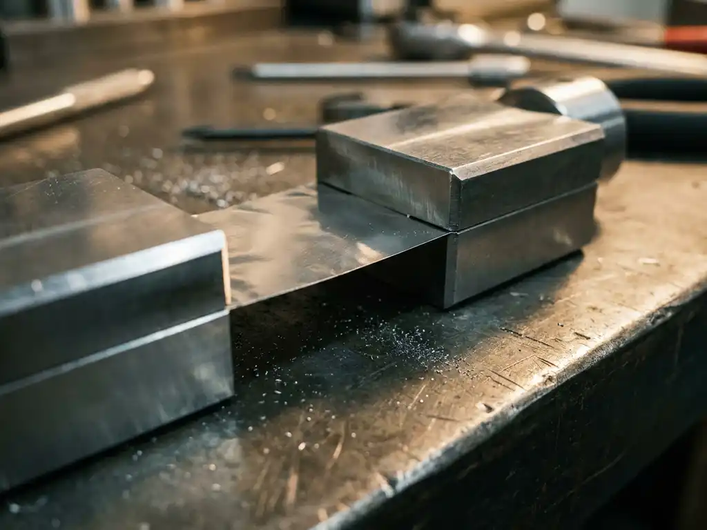 Dünne Platinfolie zwischen zwei polierten Metallbauteilen auf einer Stahlwerkbank, mit feinem Metallstaub und Werkzeugspuren im Streiflicht.