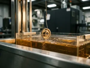 Kleines Präzisionsbauteil wird in einem Galvanikbad vergoldet, Blasen steigen im schimmernden Goldbad auf.