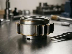 Präzisionsgefertigtes Metallteil mit Mikrorissen und ungleichmäßiger Beschichtung auf polierter Stahlfläche, Pinzette daneben.