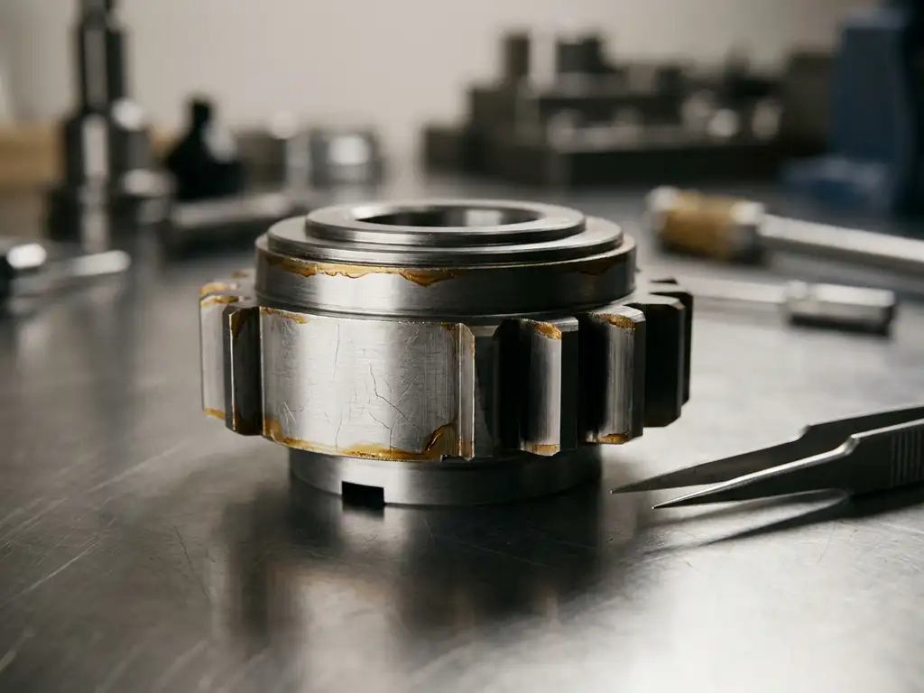 Präzisionsgefertigtes Metallteil mit Mikrorissen und ungleichmäßiger Beschichtung auf polierter Stahlfläche, Pinzette daneben.