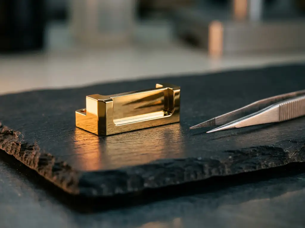 Vergoldetes Metallbauteil auf dunklem Schiefer neben Industriepinzette, spiegelnde Goldbeschichtung im Studio-Licht.