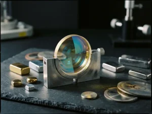 Präzisionsoptiklinse in Metallklemme mit irisierender Gold-Platin-Beschichtung, umgeben von polierten Sputtering-Targets auf dunkler Schieferoberfläche.