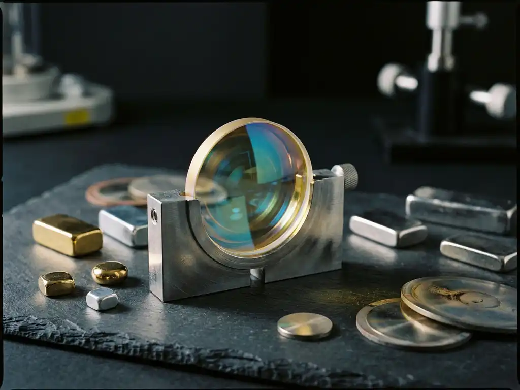 Präzisionsoptiklinse in Metallklemme mit irisierender Gold-Platin-Beschichtung, umgeben von polierten Sputtering-Targets auf dunkler Schieferoberfläche.