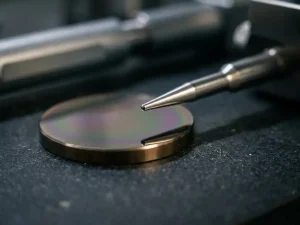 Profilometer-Spitze über polierter Metallscheibe mit irisierender Dünnschichtbeschichtung auf dunkler Laboroberfläche, Makroaufnahme.