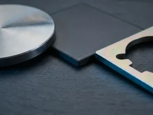Polierte Metallscheibe, Keramikfliese und Stahlbauteil auf dunklem Schiefer mit irisierender Dünnschichtbeschichtung in Silber und Gold.