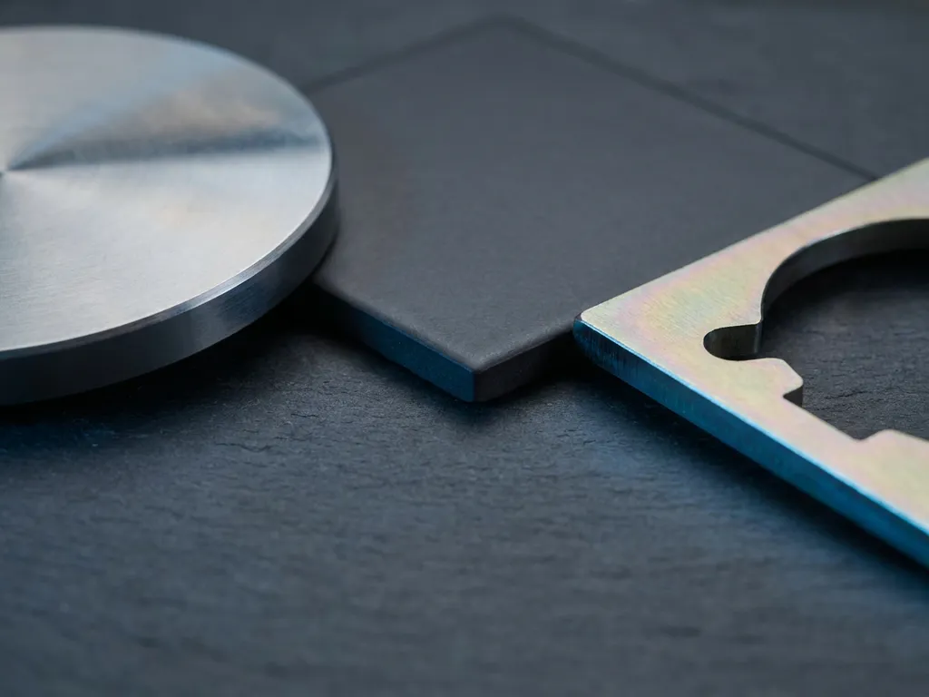 Polierte Metallscheibe, Keramikfliese und Stahlbauteil auf dunklem Schiefer mit irisierender Dünnschichtbeschichtung in Silber und Gold.
