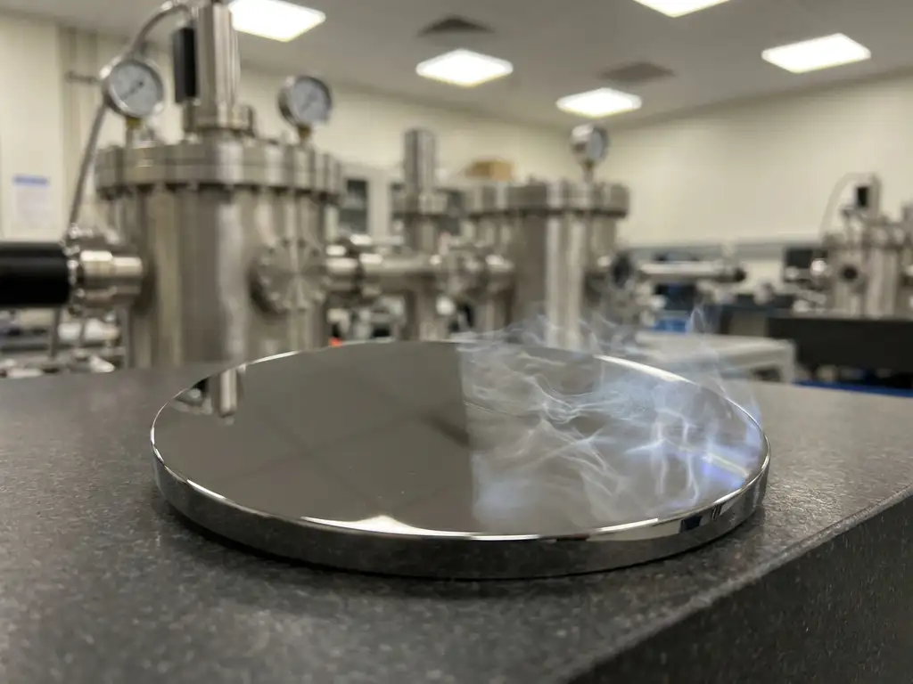 Platinfarbene Metallscheibe mit PVD-Beschichtung auf einer Seite und feinen ALD-Dampfschwaden auf der anderen, Laborumgebung.