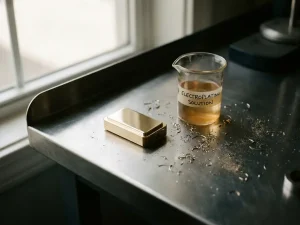 Metallbauteil mit goldfarbener PVD-Beschichtung neben einem Becherglas mit Galvanisierungslösung auf einer Stahlwerkbank.