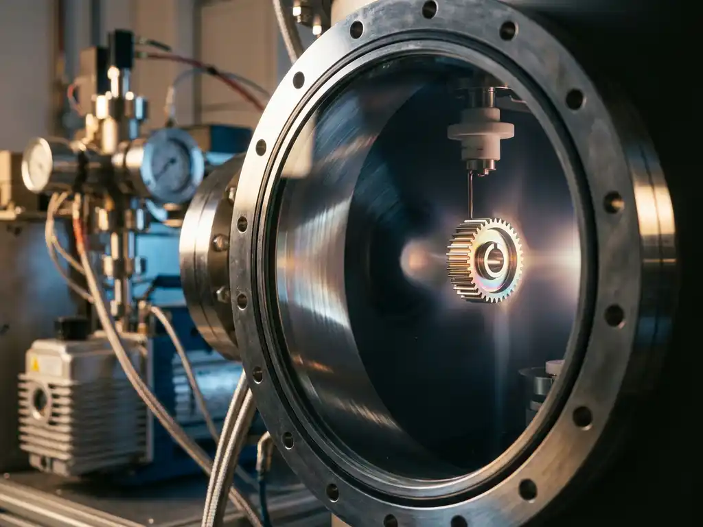Kleines Metallbauteil mit irisierendem Platin-Gold-PVD-Beschichtung in professioneller Vakuumkammer, industrielle Präzisionsanlage im Hintergrund.